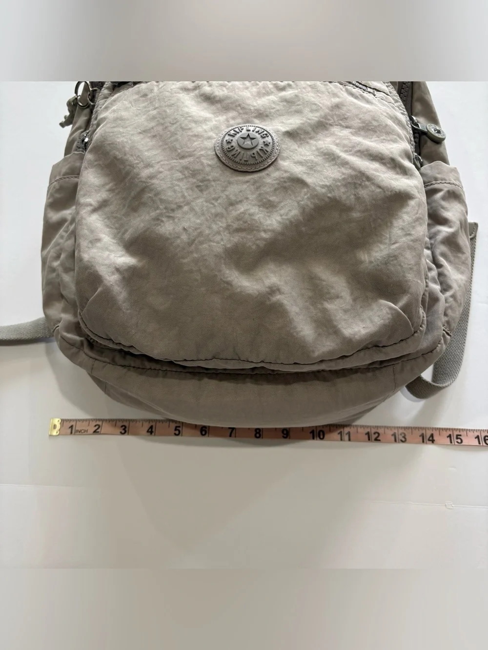 Kipling Live Light Backpack Taupe Gray Nylon Monkey Charm Multi Pocket
